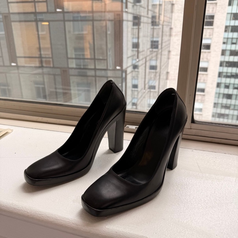 Balenciaga Black Leather Square Toe Chunky Pumps